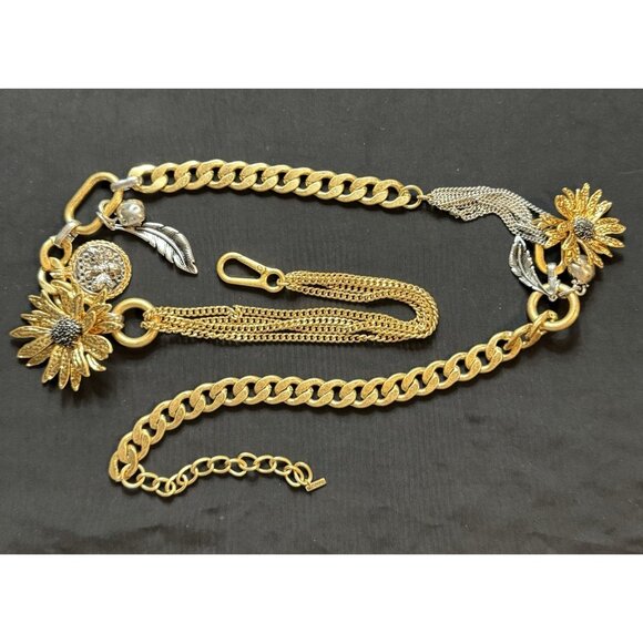 ZARA Gold Tone Chain Belt Sunflower Charms Coin Feather Statement 40” Runway - Picture 6 of 9